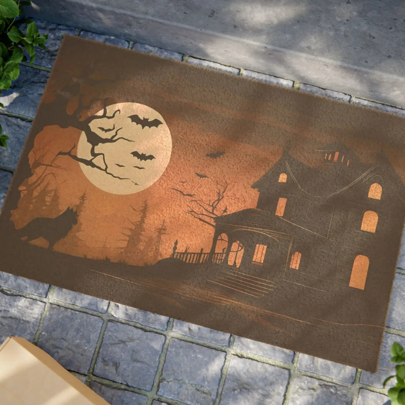 Spooky Coir Coconut Fiber Doormat - Halloween Black Vinyl Backing - DipaliZ