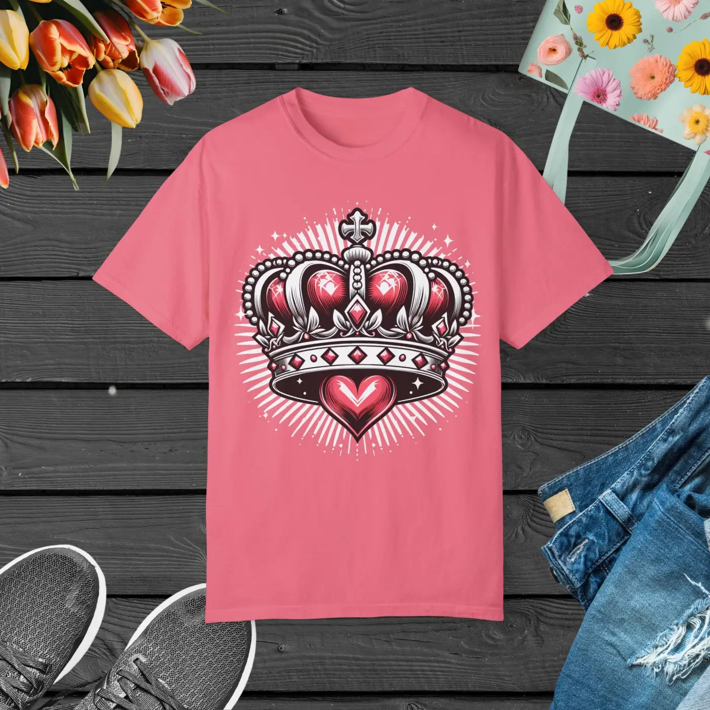 Heart Crown Unisex Garment-Dyed T-Shirt - Pink Graphic - DipaliZ
