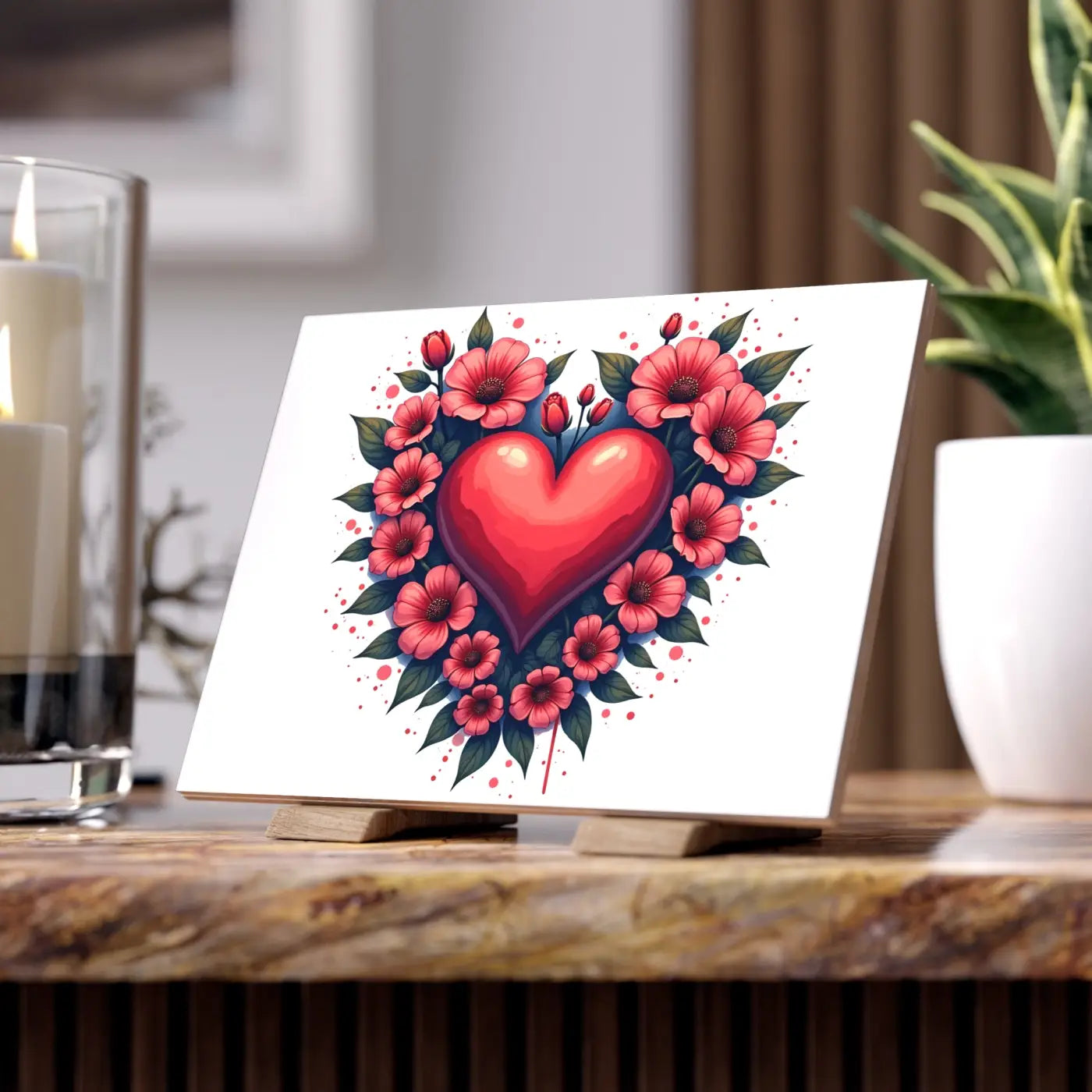 Vibrant Heart Ceramic Photo Tile - Flowers Design - DipaliZ