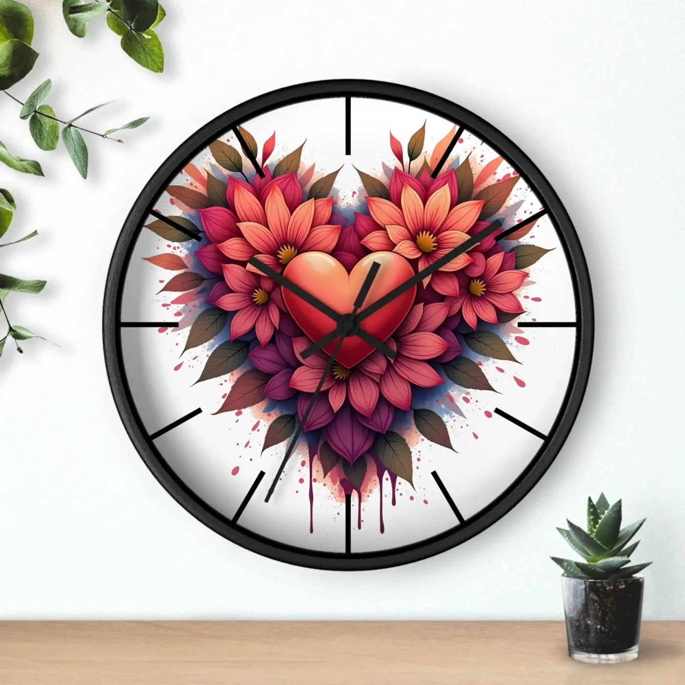Chic Wall Clock - Heart and Vibrant Blooms Design - DipaliZ