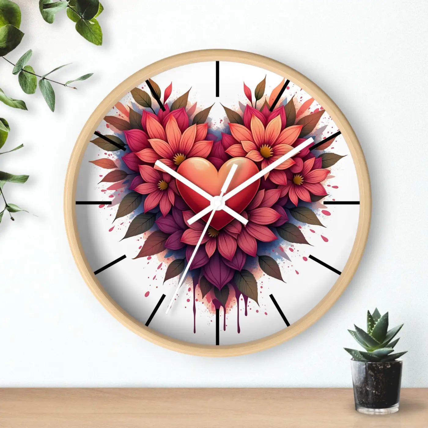 Chic Wall Clock - Heart and Vibrant Blooms Design - DipaliZ