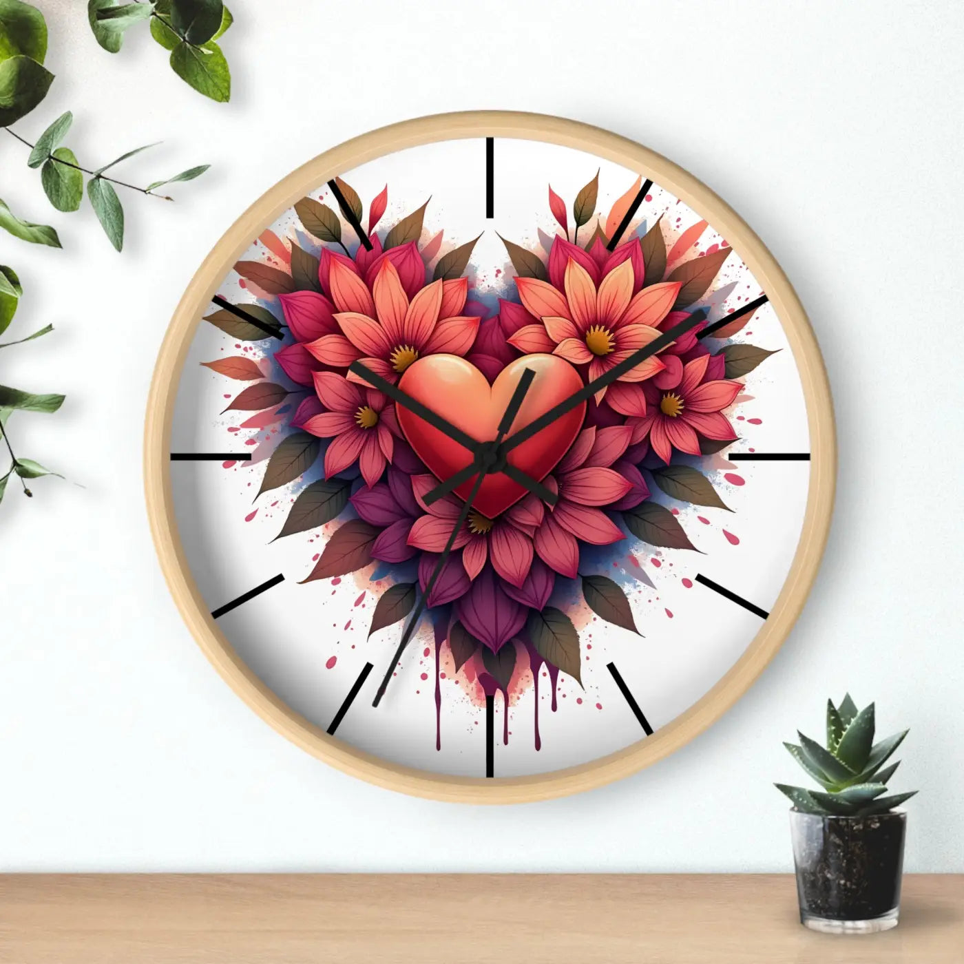 Chic Wall Clock - Heart and Vibrant Blooms Design - DipaliZ