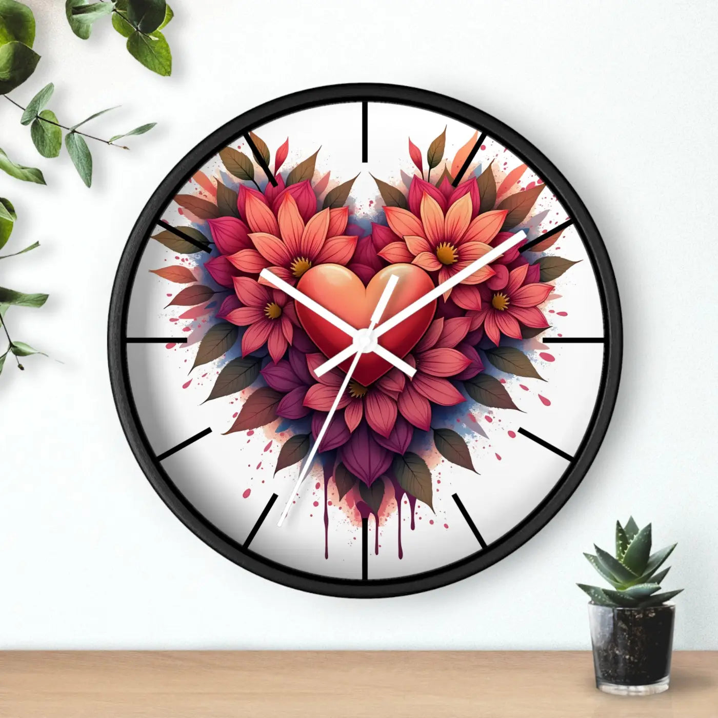 Chic Wall Clock - Heart and Vibrant Blooms Design - DipaliZ