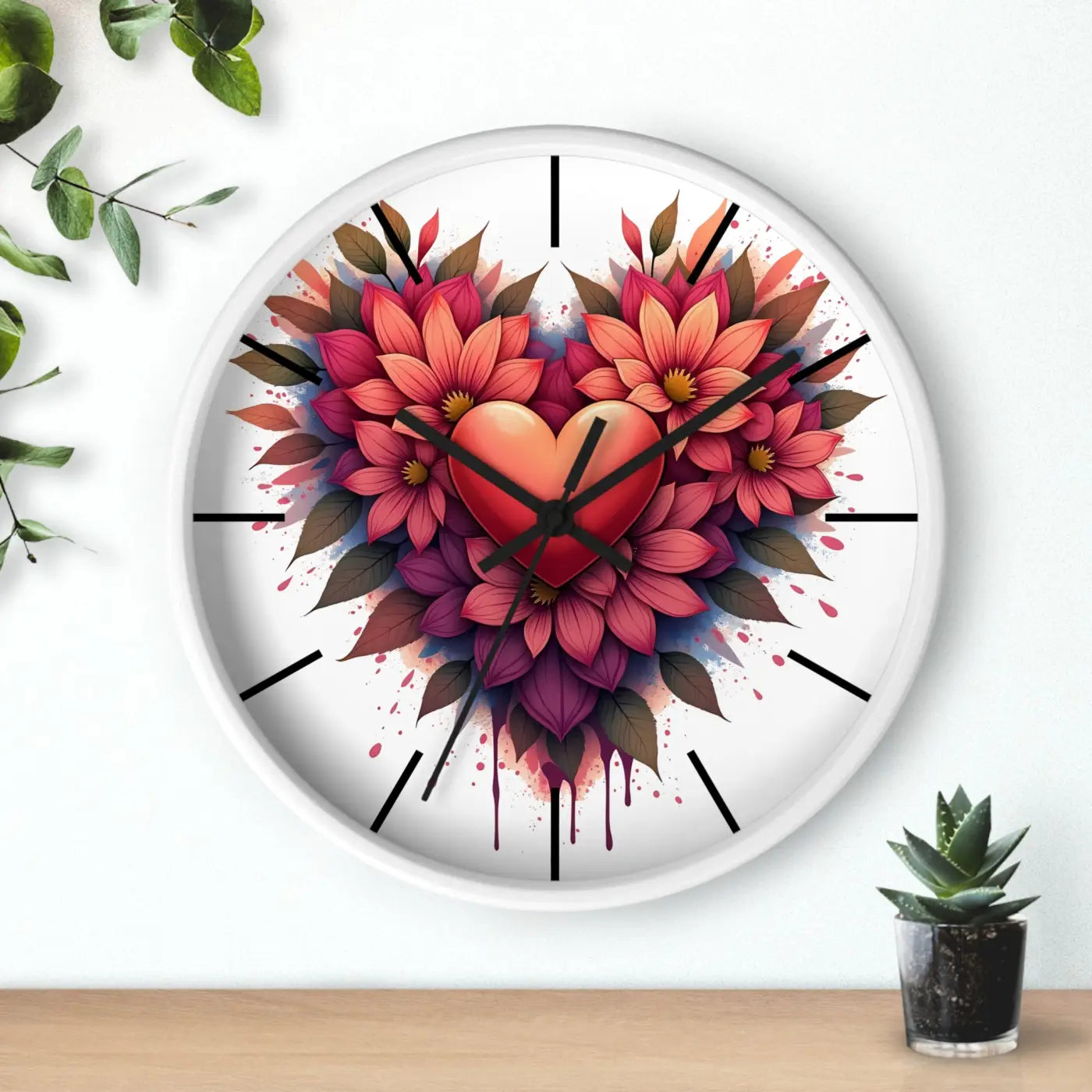 Chic Wall Clock - Heart and Vibrant Blooms Design - DipaliZ