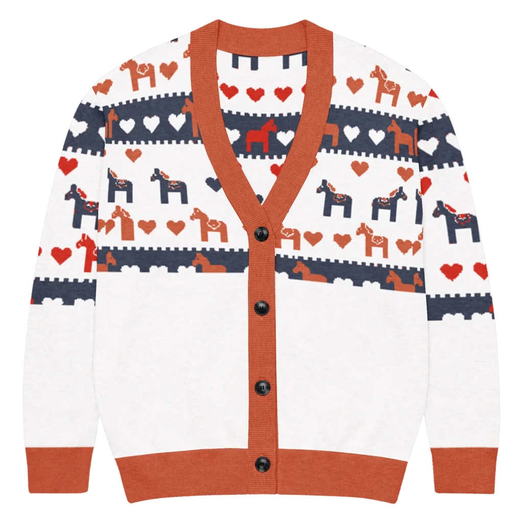 Hearts Dala Horse Knitted Cardigan - Scandinavian Charm - DipaliZ