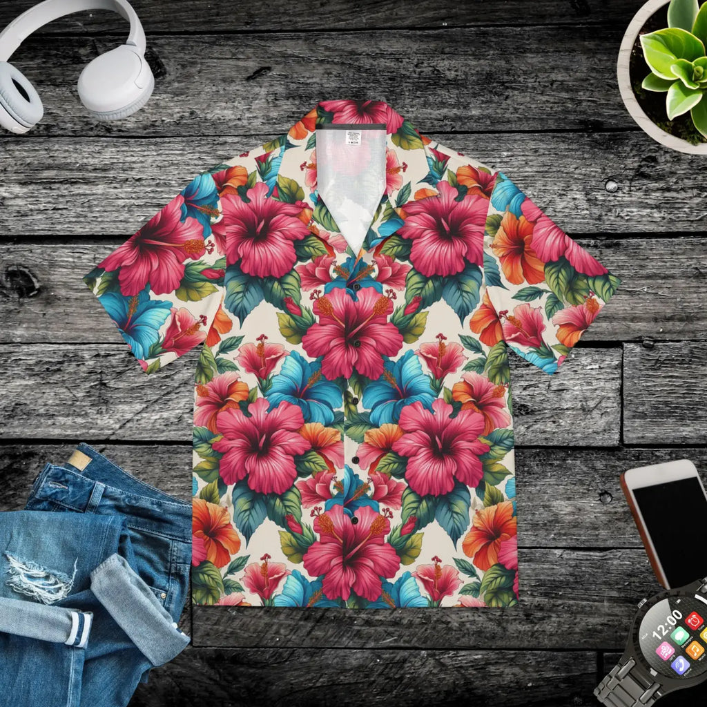 Vibrant Hawaiian Camp Shirt - Hibiscus Flowers - DipaliZ