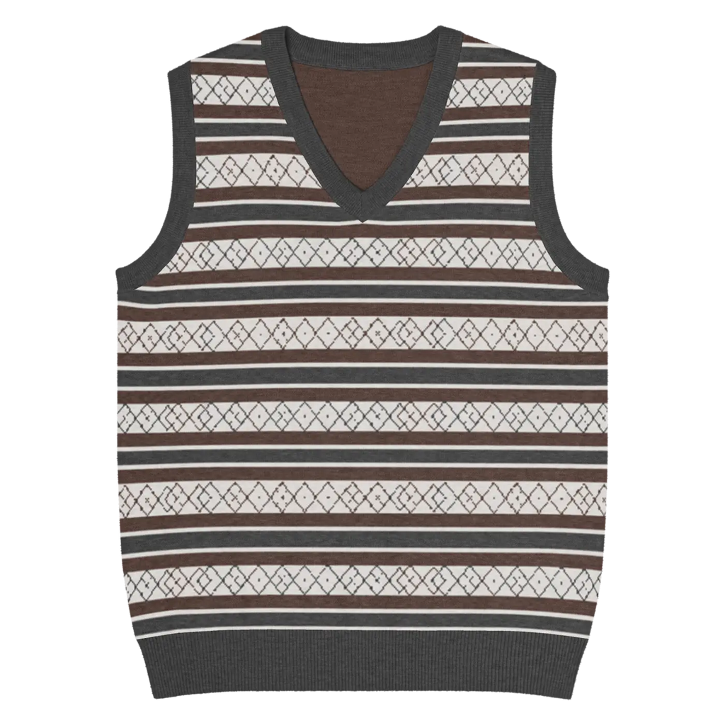 Knit V-Neck Vest - Diamond Grid and Horizontal Stripes - DipaliZ