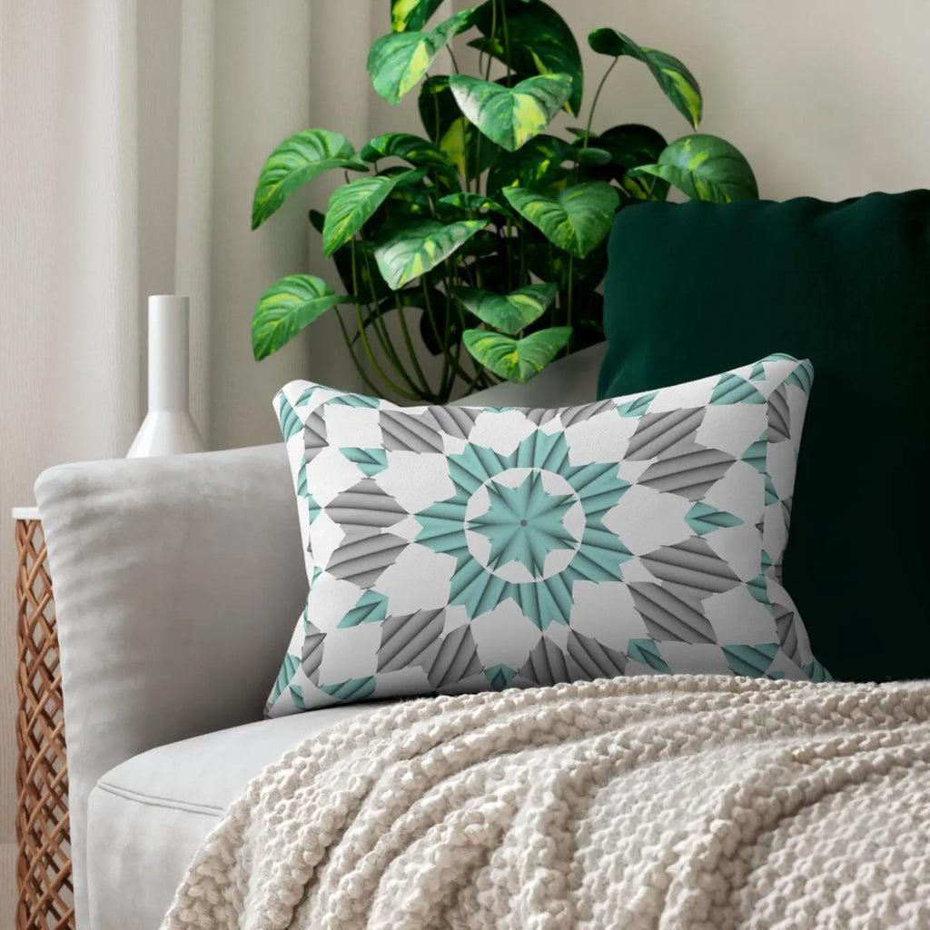 Blue and Grey Geometric Polyester Lumbar Pillow - Spun Polyester - DipaliZ