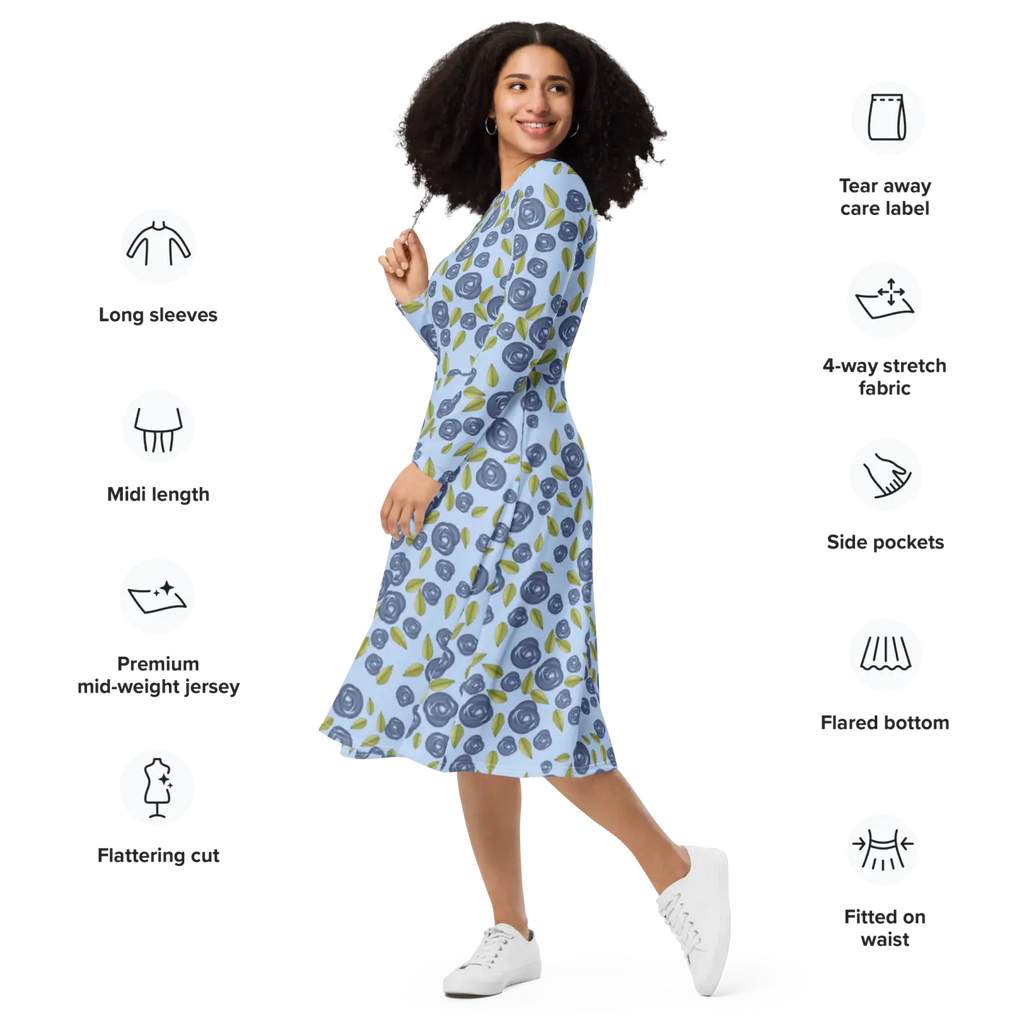 Blue Roses Long Sleeve Midi Dress - Eco Fashion - DipaliZ