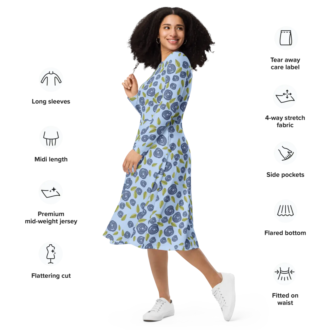 Blue Roses Long Sleeve Midi Dress - Eco Fashion - DipaliZ