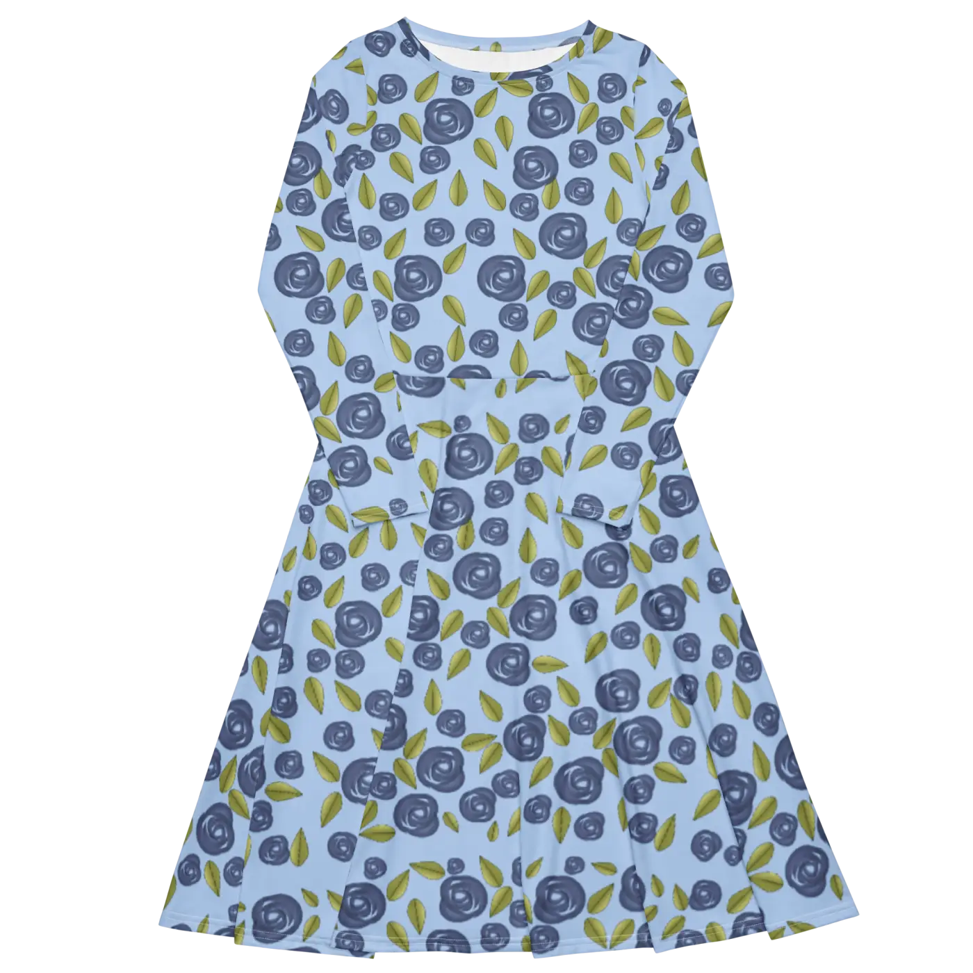 Blue Roses Long Sleeve Midi Dress - Eco Fashion - DipaliZ