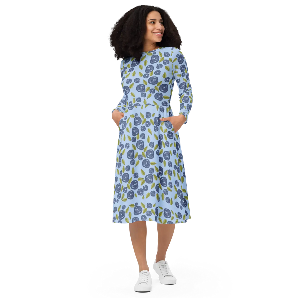 Blue Roses Long Sleeve Midi Dress - Eco Fashion - DipaliZ
