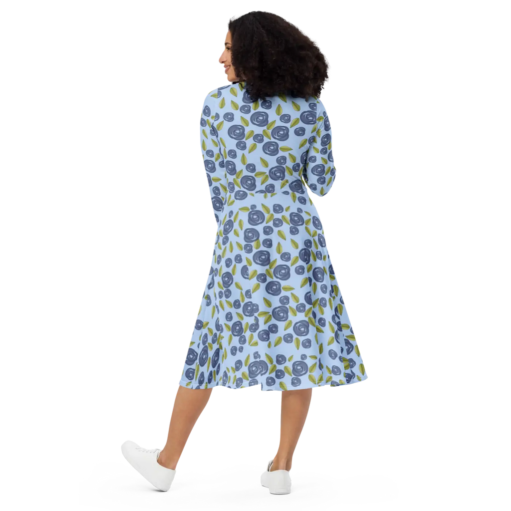 Blue Roses Long Sleeve Midi Dress - Eco Fashion - DipaliZ