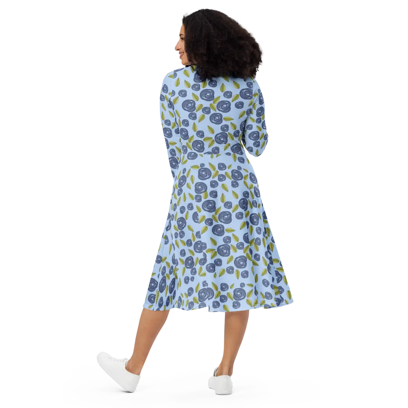 Blue Roses Long Sleeve Midi Dress - Eco Fashion - DipaliZ