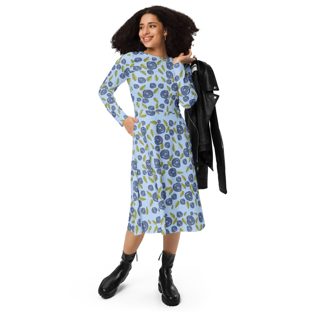 Blue Roses Long Sleeve Midi Dress - Eco Fashion - DipaliZ