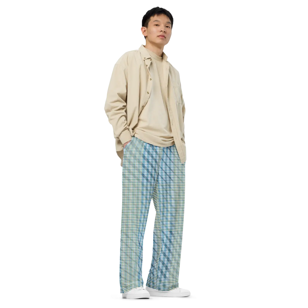 Wide Leg Pants - Blue Yellow Check Print Unisex - DipaliZ
