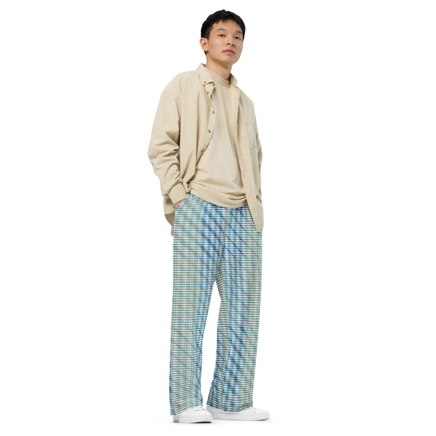 Wide Leg Pants - Blue Yellow Check Print Unisex - DipaliZ