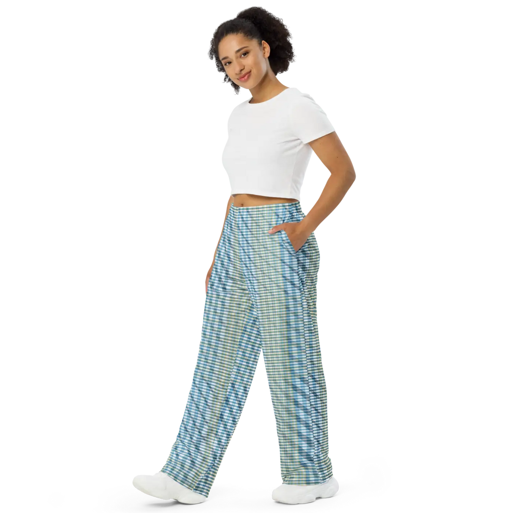Wide Leg Pants - Blue Yellow Check Print Unisex - DipaliZ