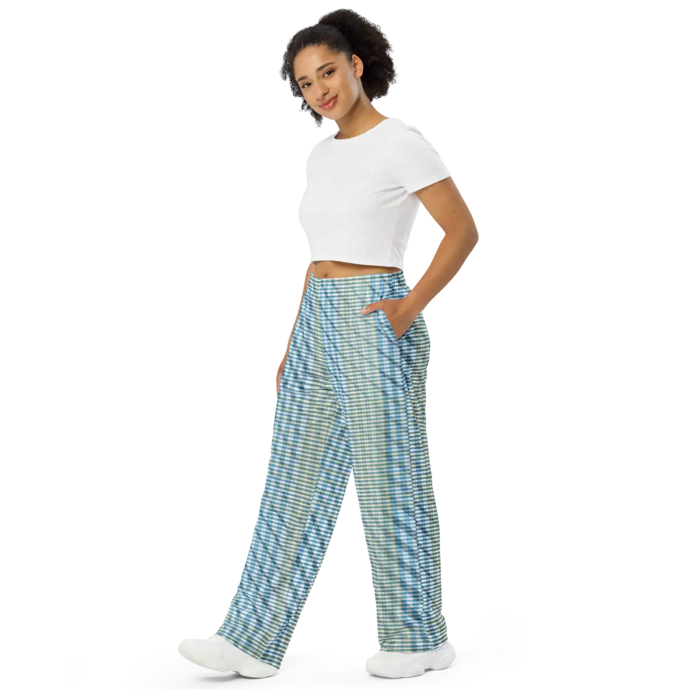 Wide Leg Pants - Blue Yellow Check Print Unisex - DipaliZ