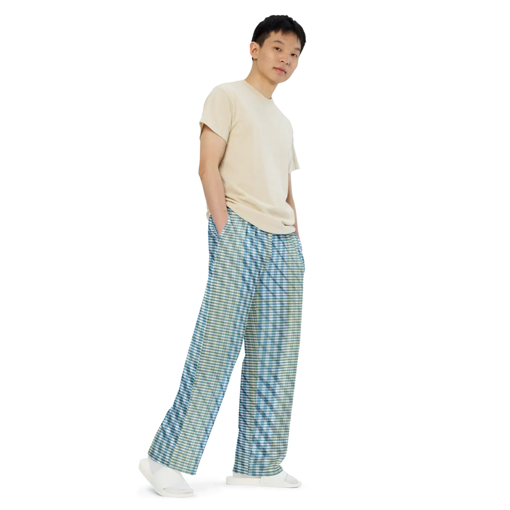 Wide Leg Pants - Blue Yellow Check Print Unisex - DipaliZ