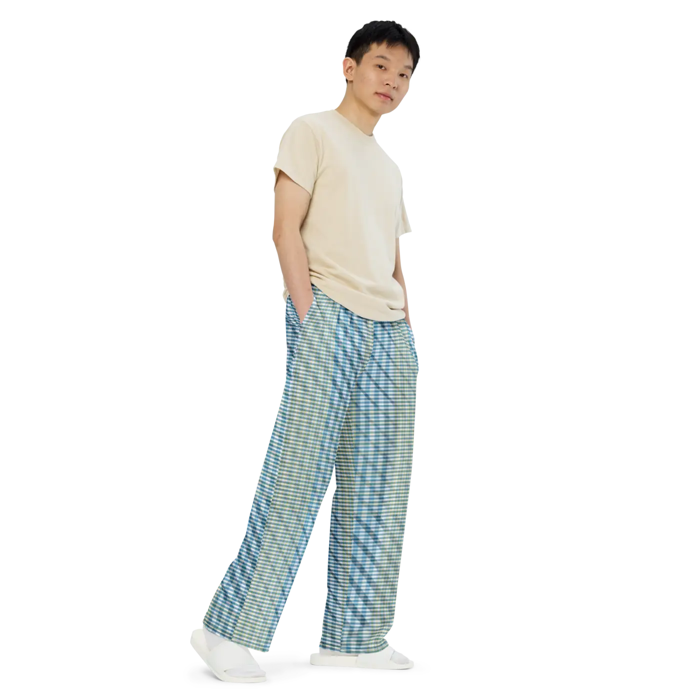 Wide Leg Pants - Blue Yellow Check Print Unisex - DipaliZ