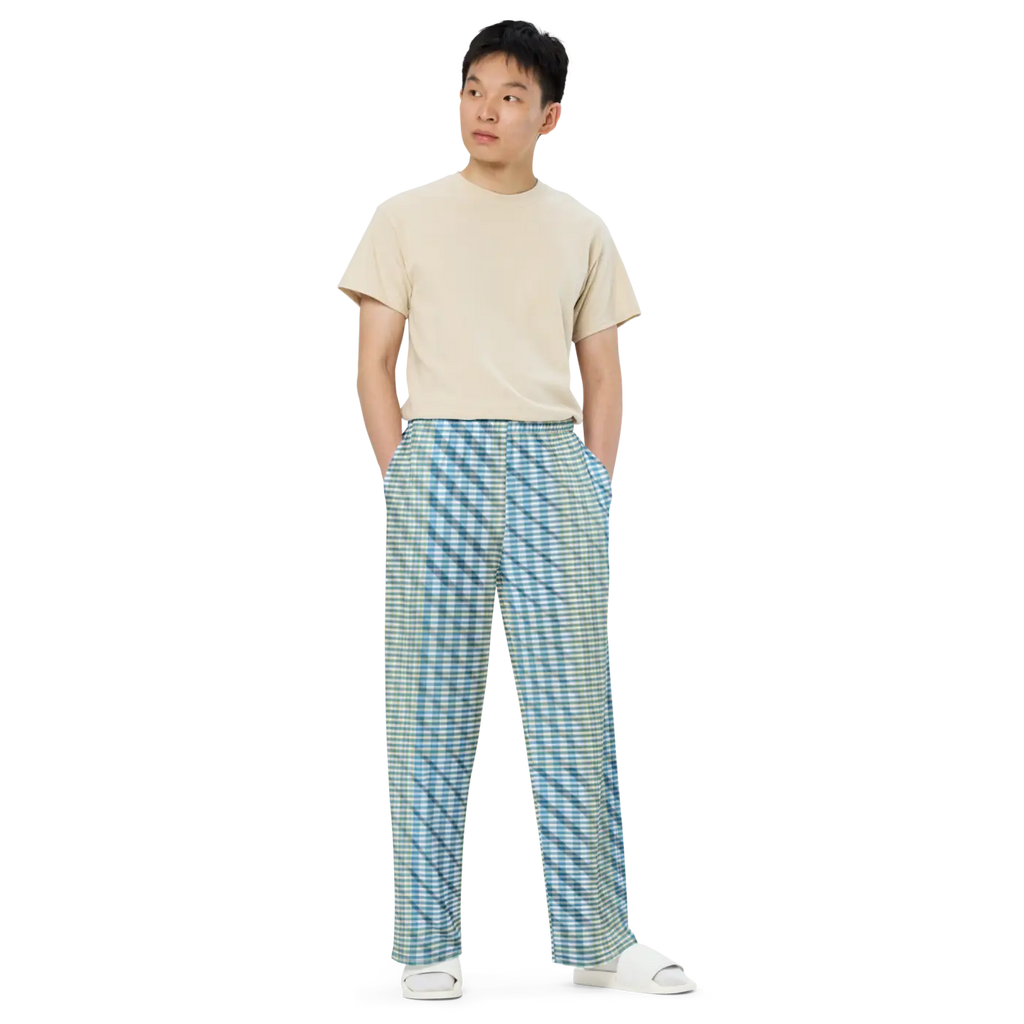 Wide Leg Pants - Blue Yellow Check Print Unisex - DipaliZ