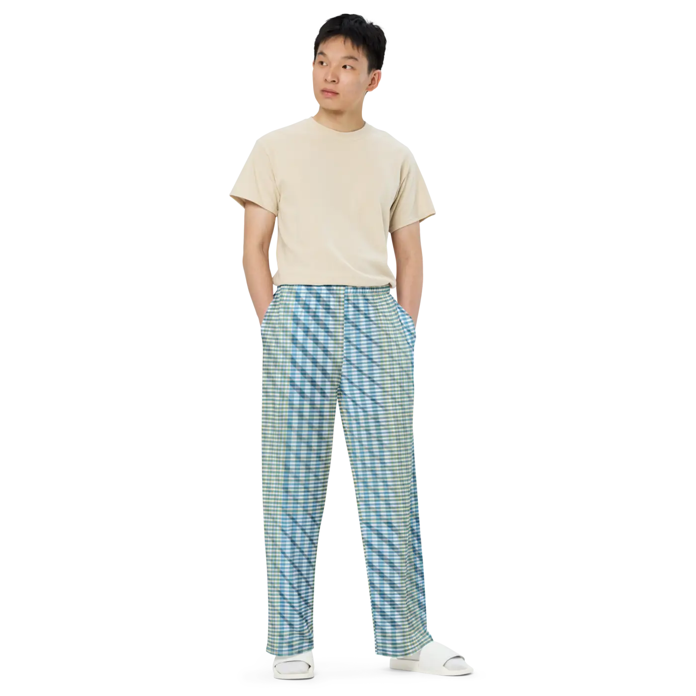 Wide Leg Pants - Blue Yellow Check Print Unisex - DipaliZ