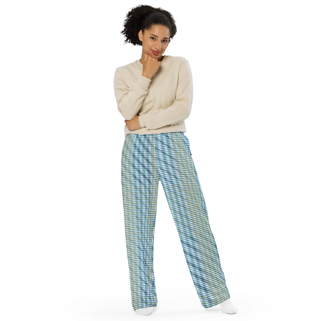 Wide Leg Pants - Blue Yellow Check Print Unisex - DipaliZ