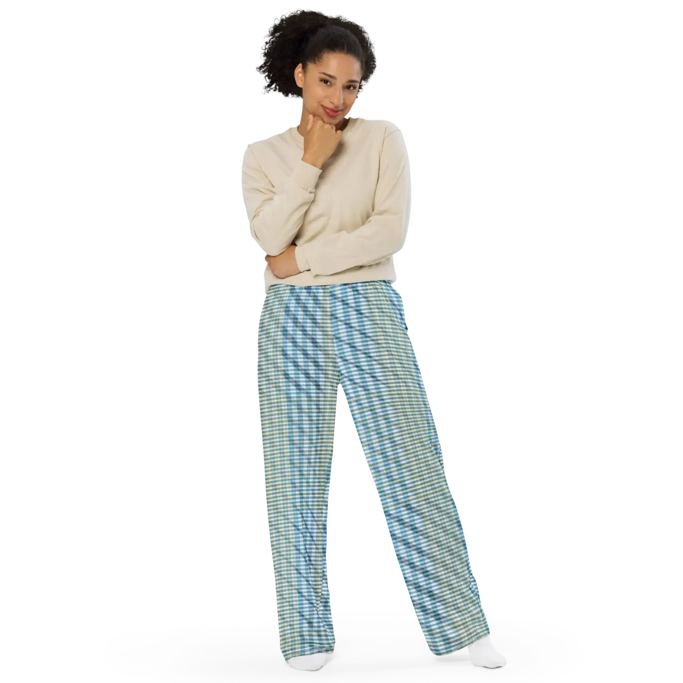 Wide Leg Pants - Blue Yellow Check Print Unisex - DipaliZ