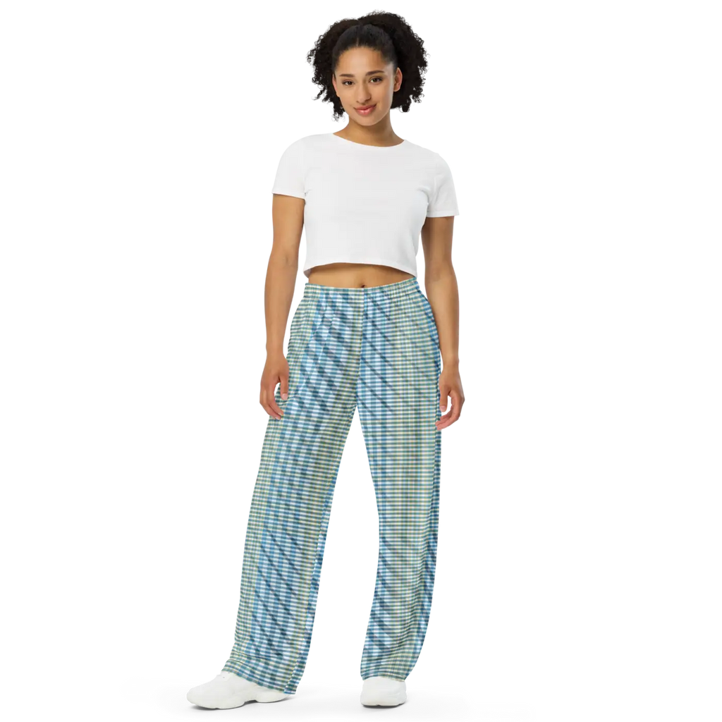 Wide Leg Pants - Blue Yellow Check Print Unisex - DipaliZ