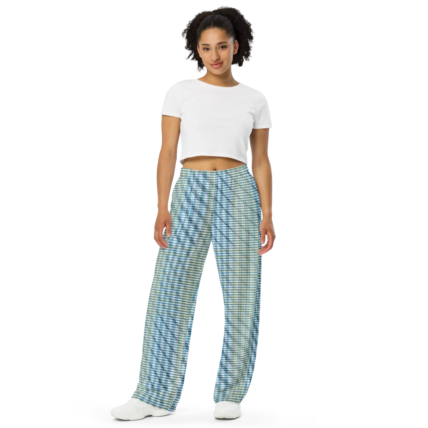 Wide Leg Pants - Blue Yellow Check Print Unisex - DipaliZ