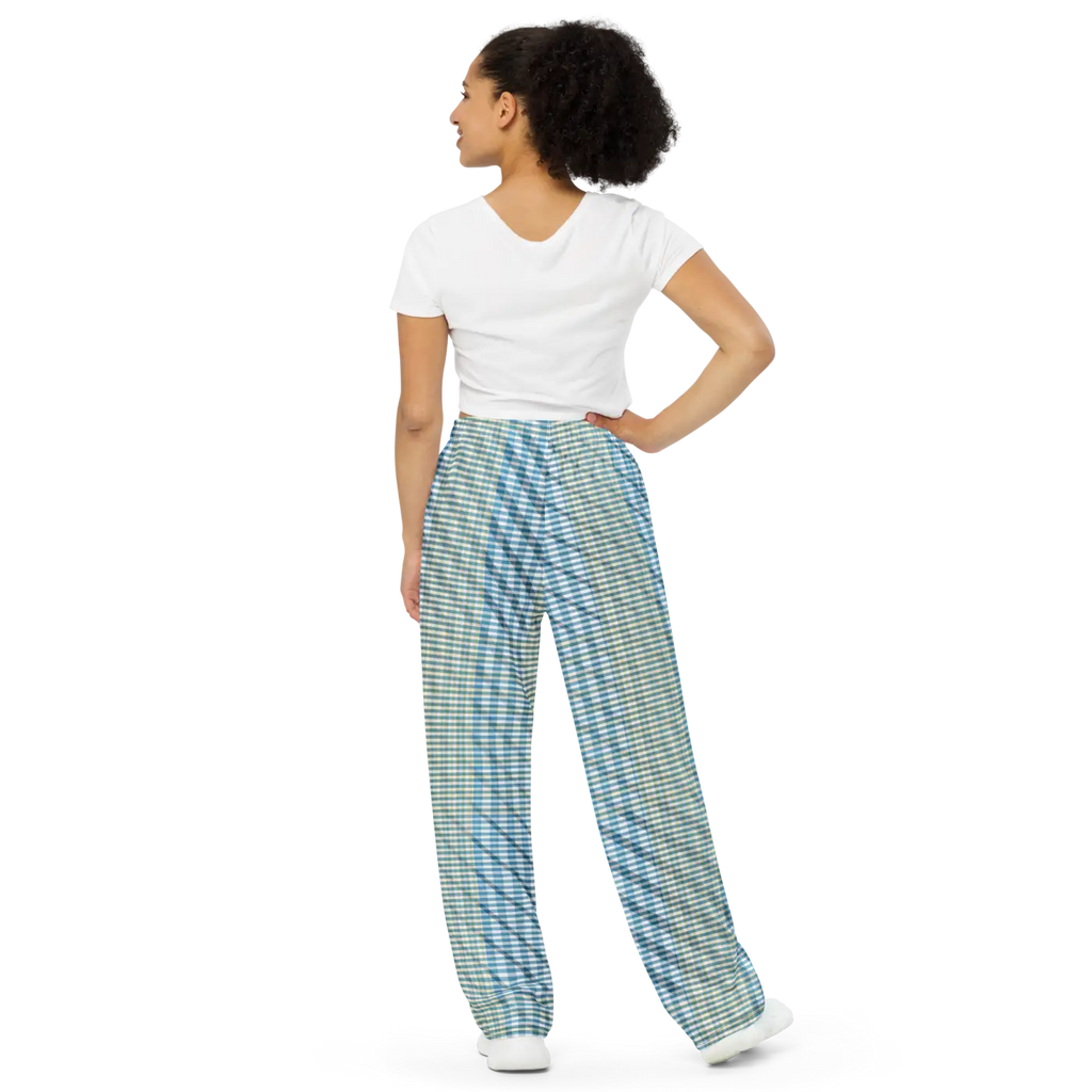 Wide Leg Pants - Blue Yellow Check Print Unisex - DipaliZ