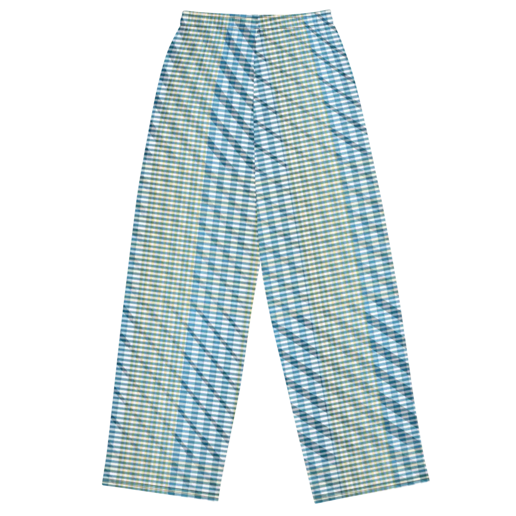 Wide Leg Pants - Blue Yellow Check Print Unisex - DipaliZ
