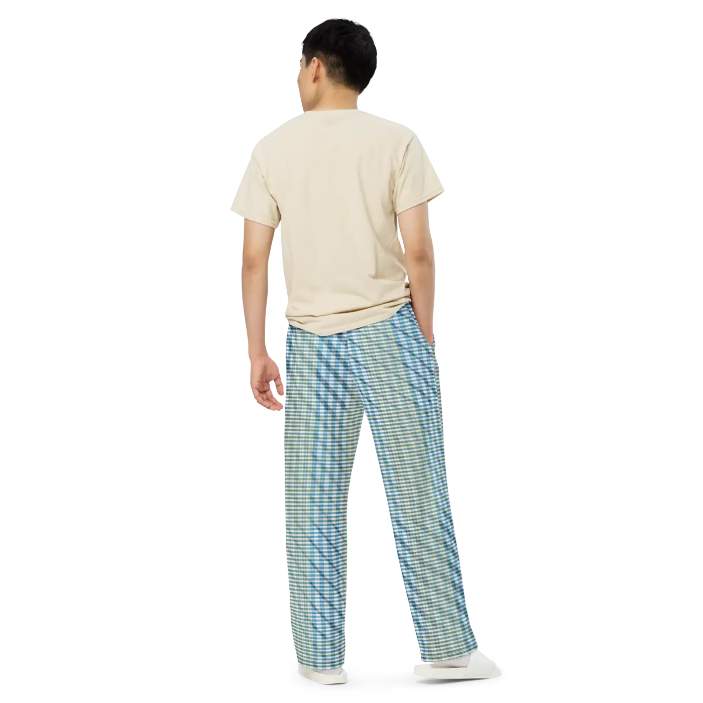 Wide Leg Pants - Blue Yellow Check Print Unisex - DipaliZ