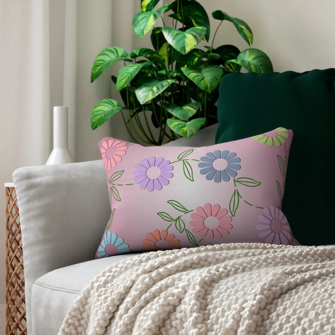 Floral Spun Polyester Lumbar Pillow - Pink Garden Design - DipaliZ