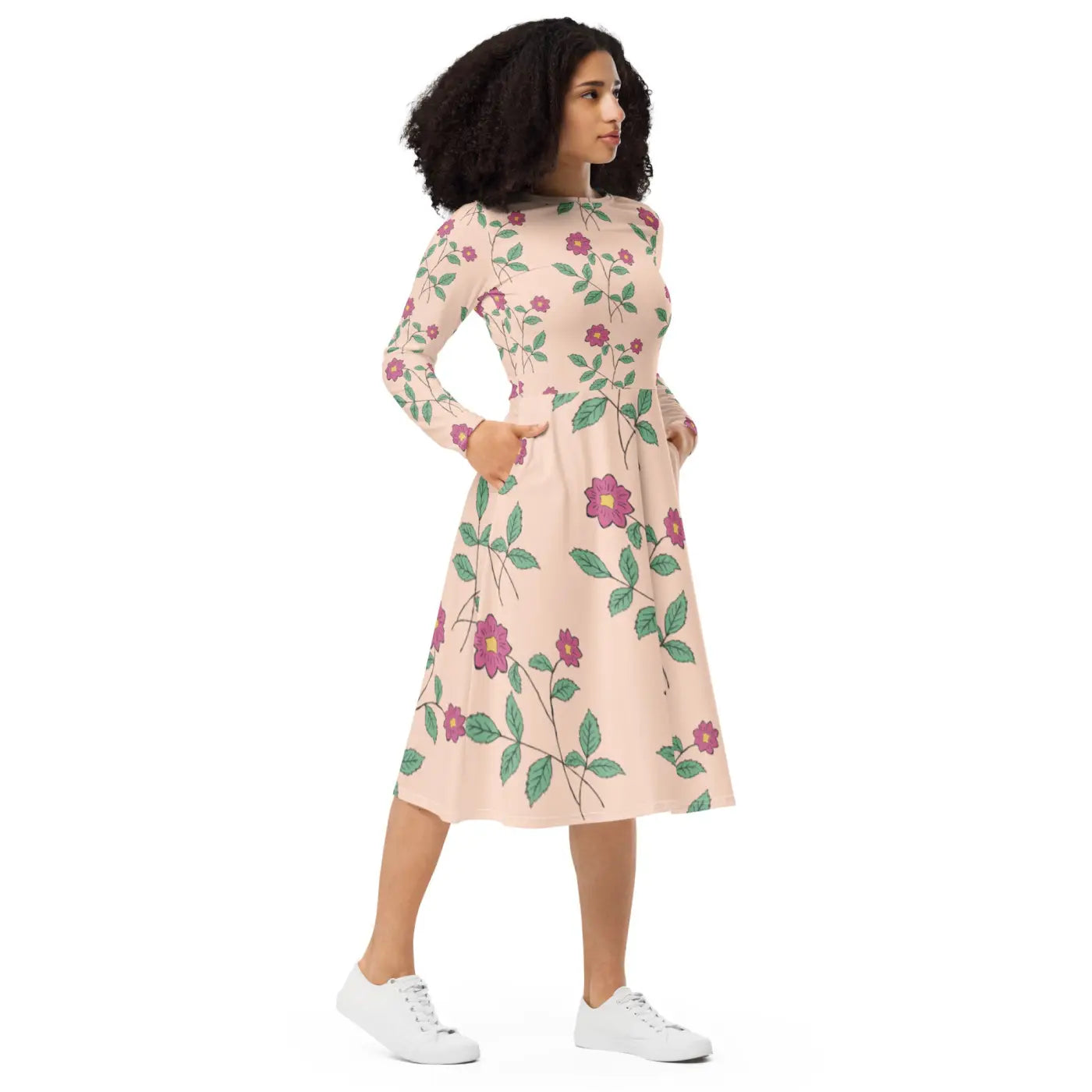 Floral Pink Long Sleeve Midi Dress - Feminine Charm - DipaliZ