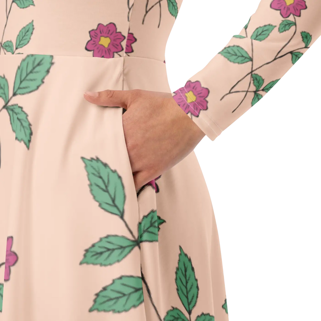 Floral Pink Long Sleeve Midi Dress - Feminine Charm - DipaliZ