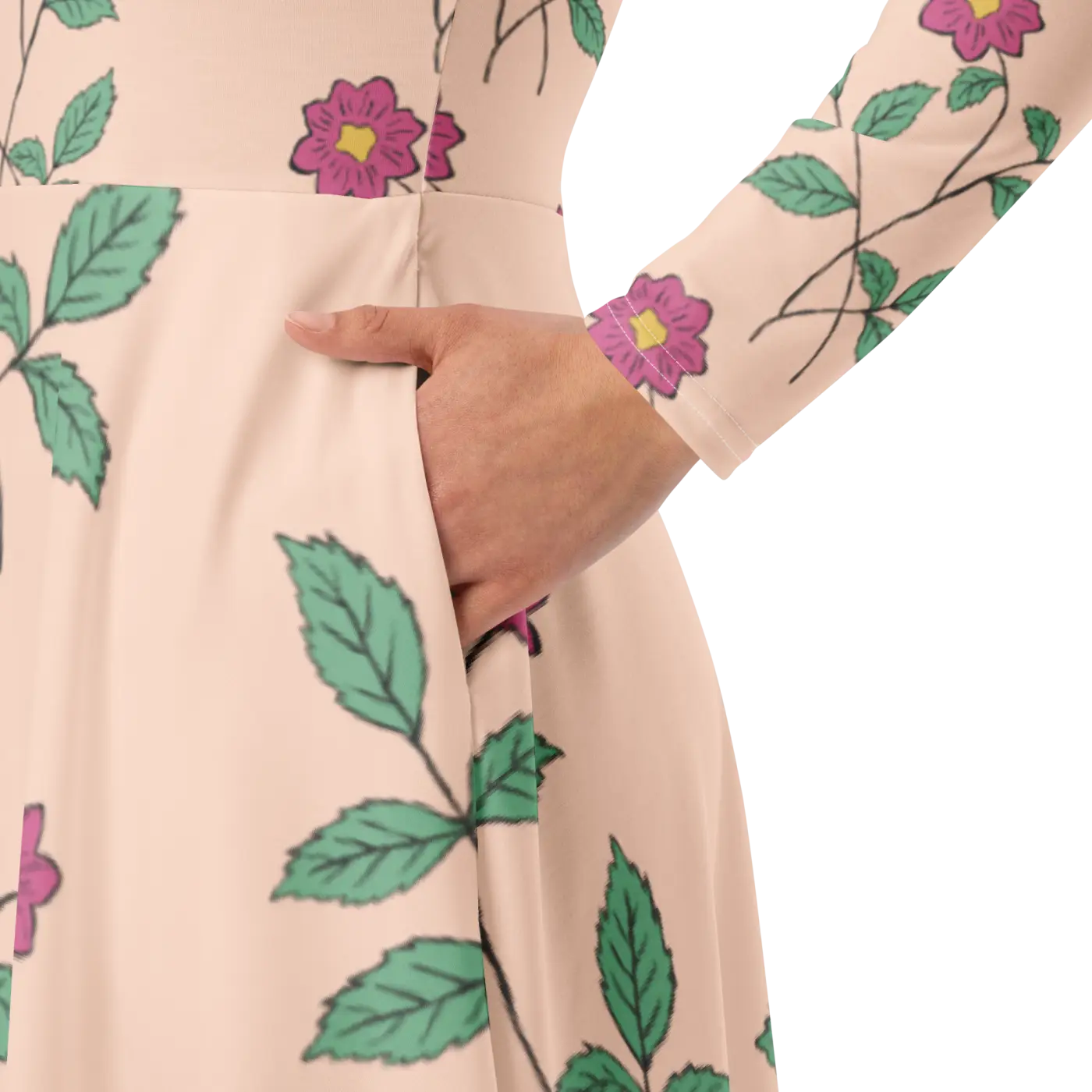Floral Pink Long Sleeve Midi Dress - Feminine Charm - DipaliZ
