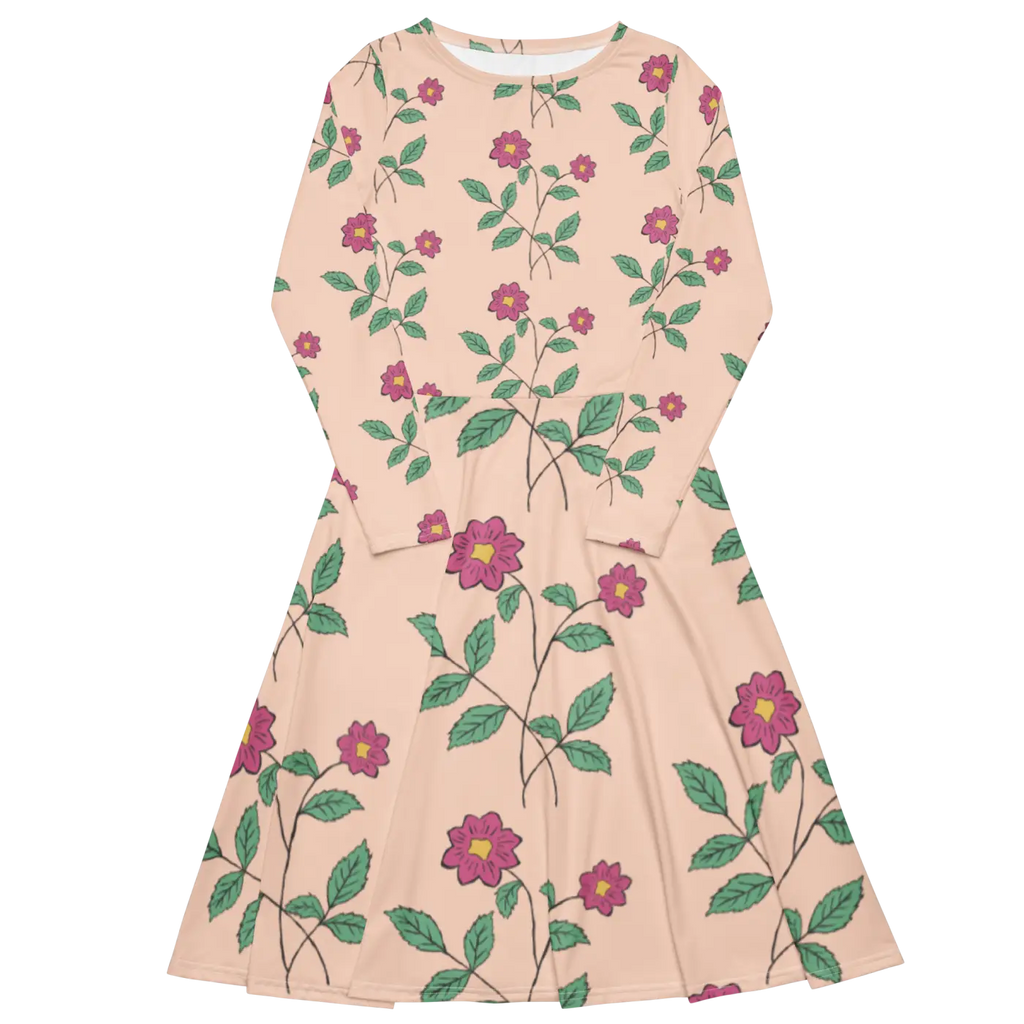 Floral Pink Long Sleeve Midi Dress - Feminine Charm - DipaliZ