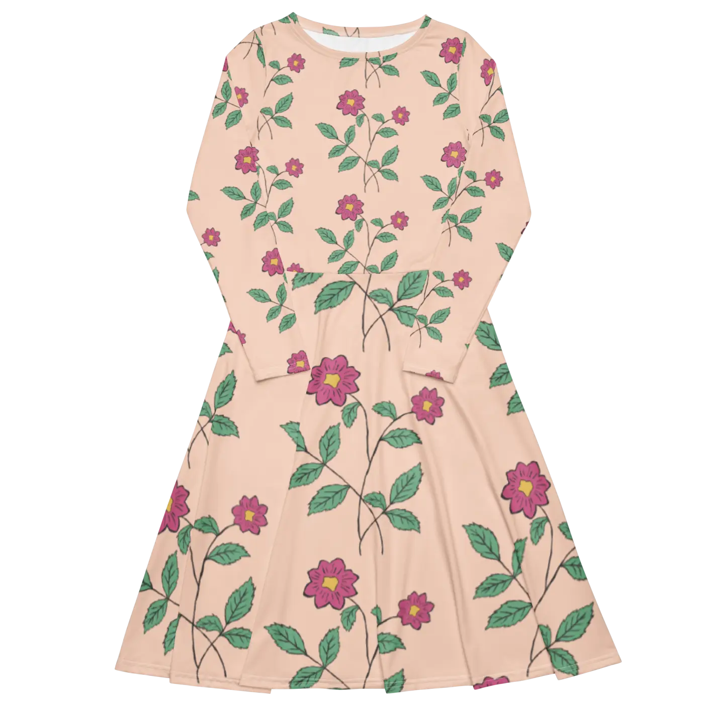 Floral Pink Long Sleeve Midi Dress - Feminine Charm - DipaliZ
