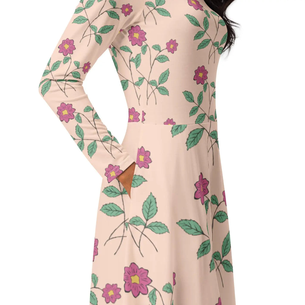 Floral Pink Long Sleeve Midi Dress - Feminine Charm - DipaliZ