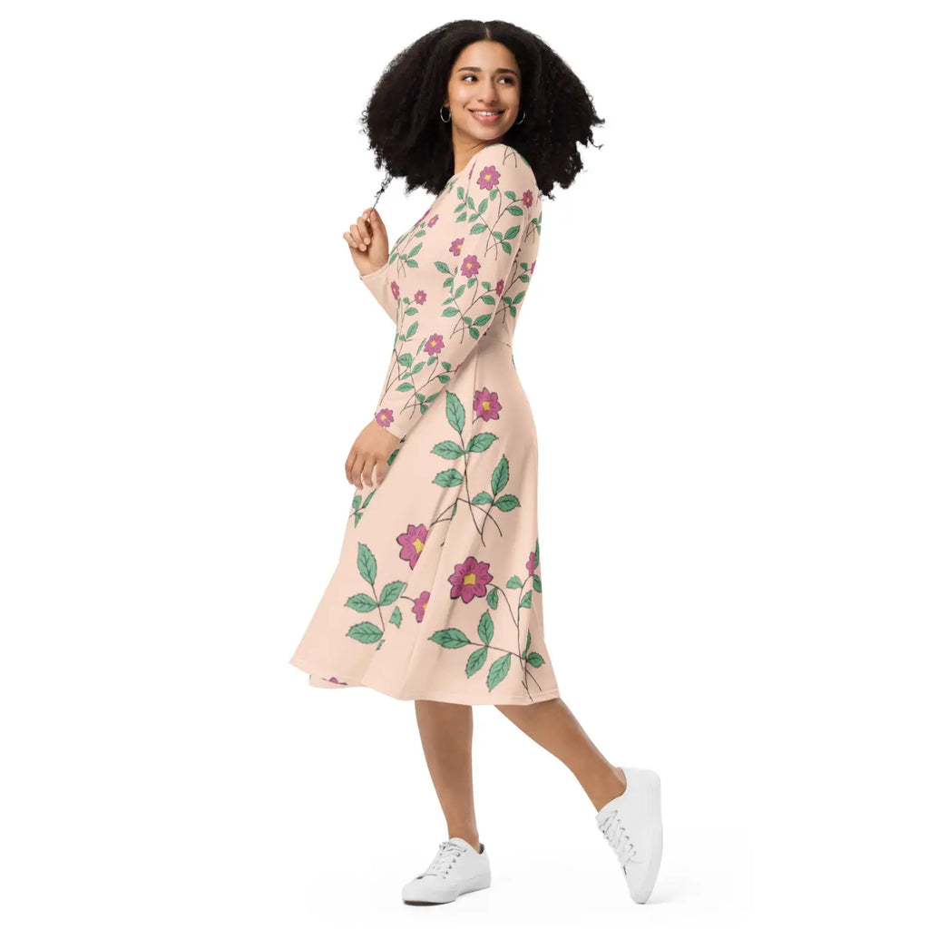 Floral Pink Long Sleeve Midi Dress - Feminine Charm - DipaliZ