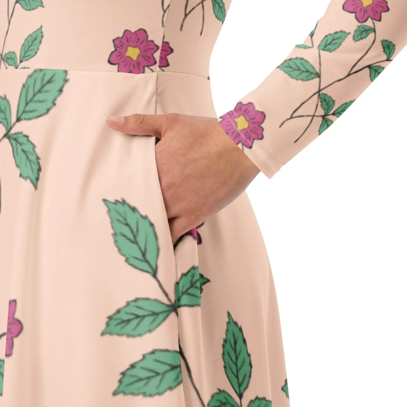 Floral Pink Long Sleeve Midi Dress - Feminine Charm - DipaliZ