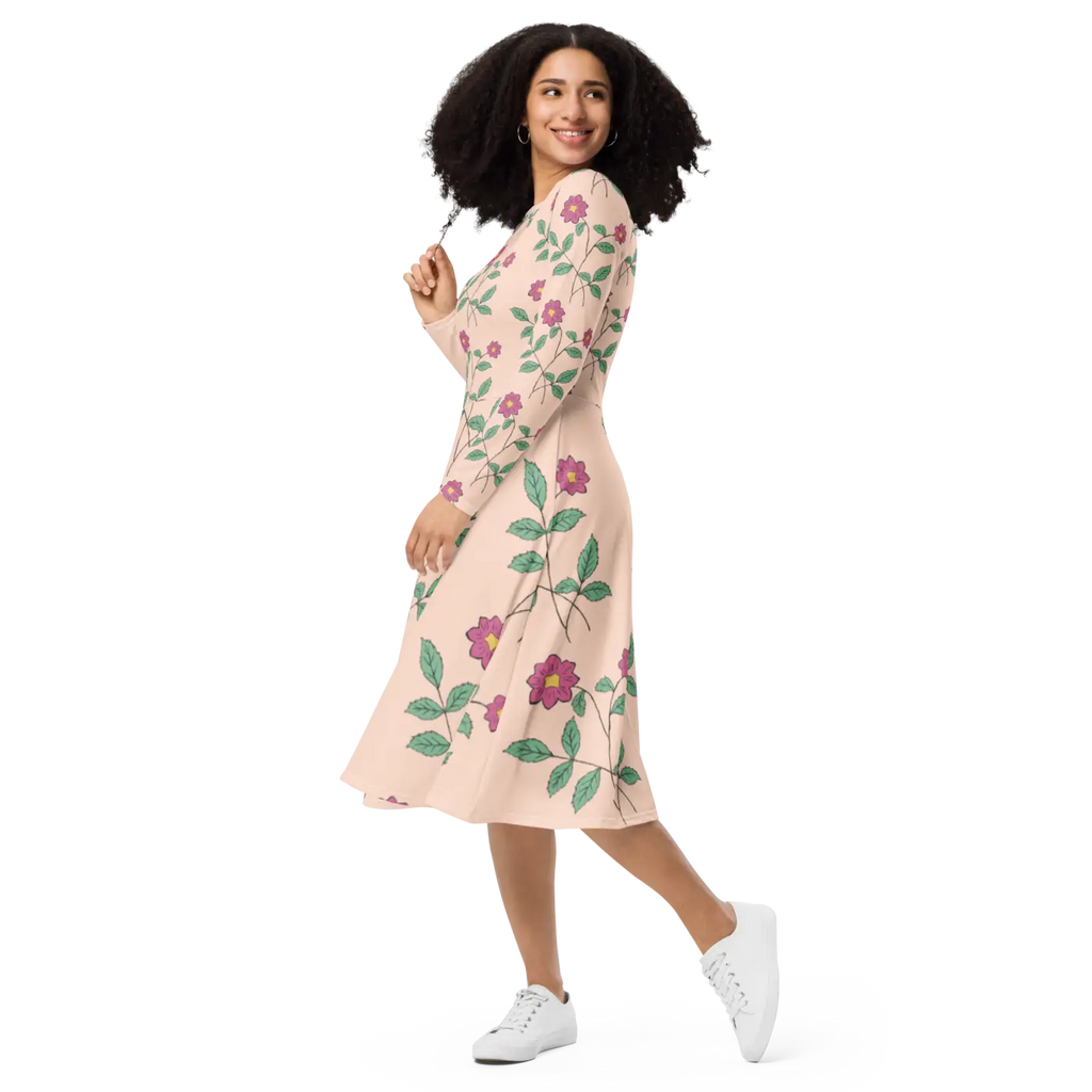 Floral Pink Long Sleeve Midi Dress - Feminine Charm - DipaliZ