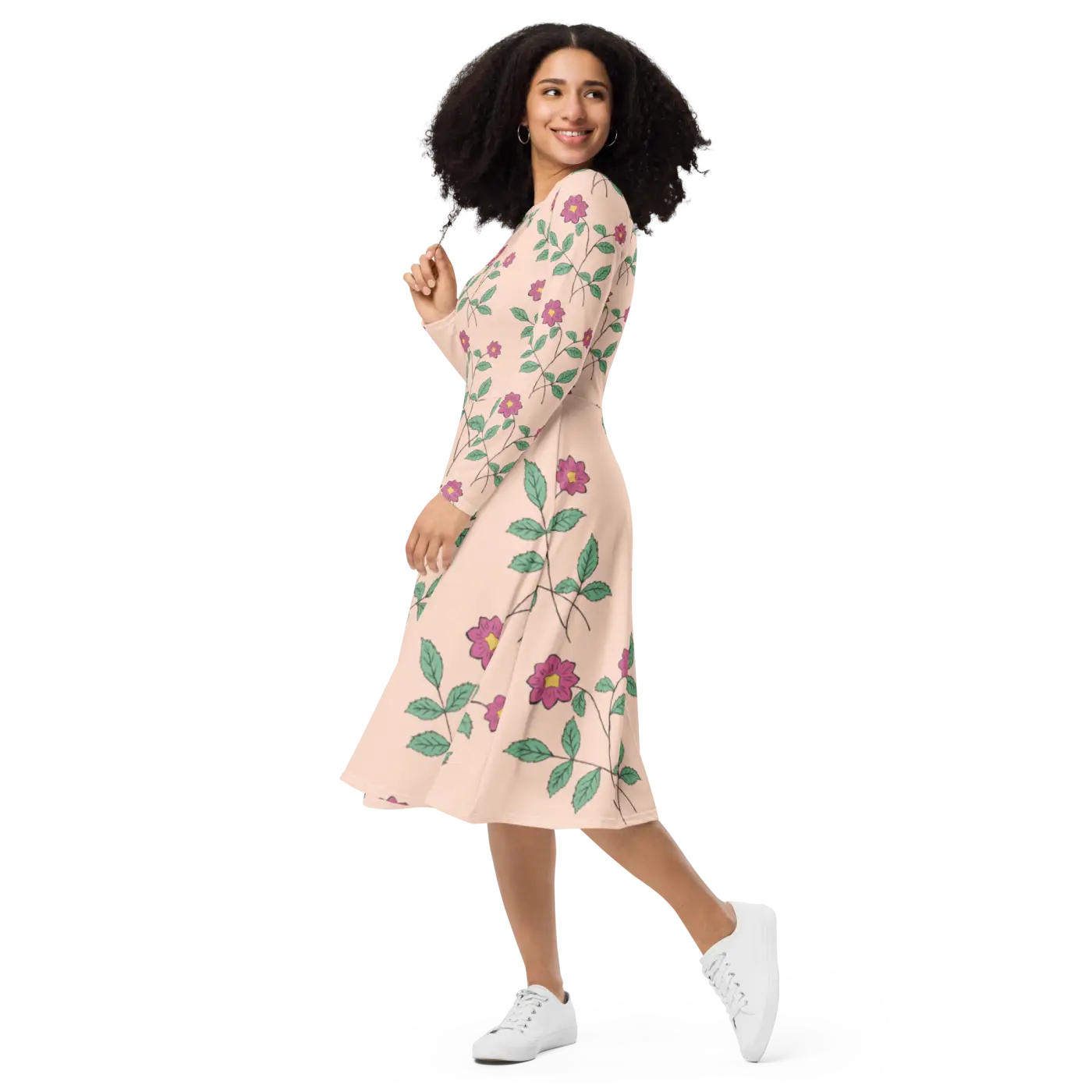 Floral Pink Long Sleeve Midi Dress - Feminine Charm - DipaliZ