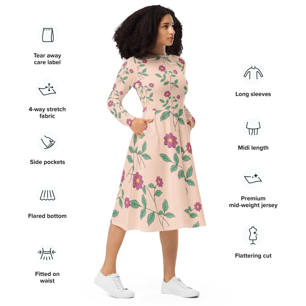 Floral Pink Long Sleeve Midi Dress - Feminine Charm - DipaliZ