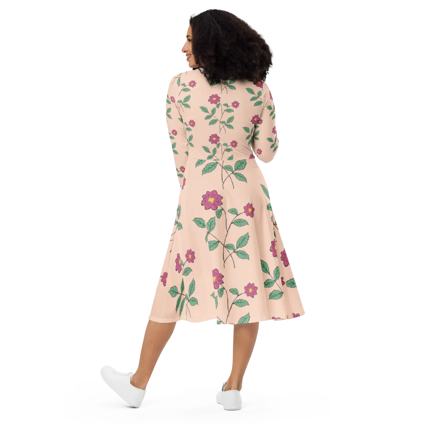 Floral Pink Long Sleeve Midi Dress - Feminine Charm - DipaliZ