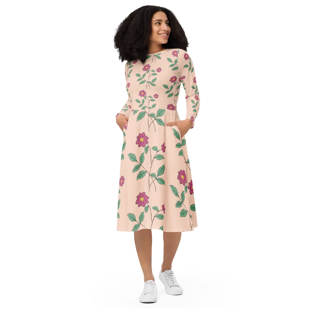 Floral Pink Long Sleeve Midi Dress - Feminine Charm - DipaliZ