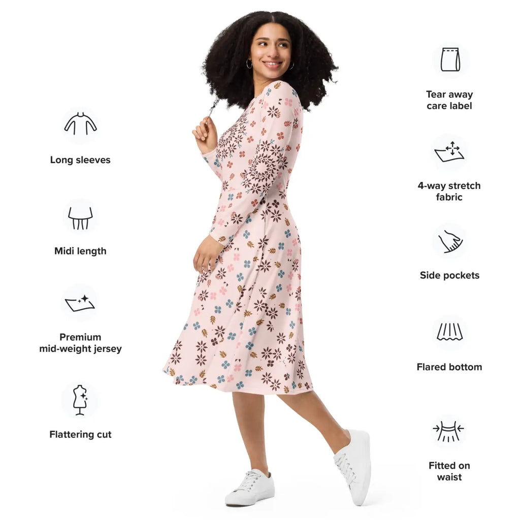 Floral Midi Dress - Pink Long Sleeves Statement Style - DipaliZ