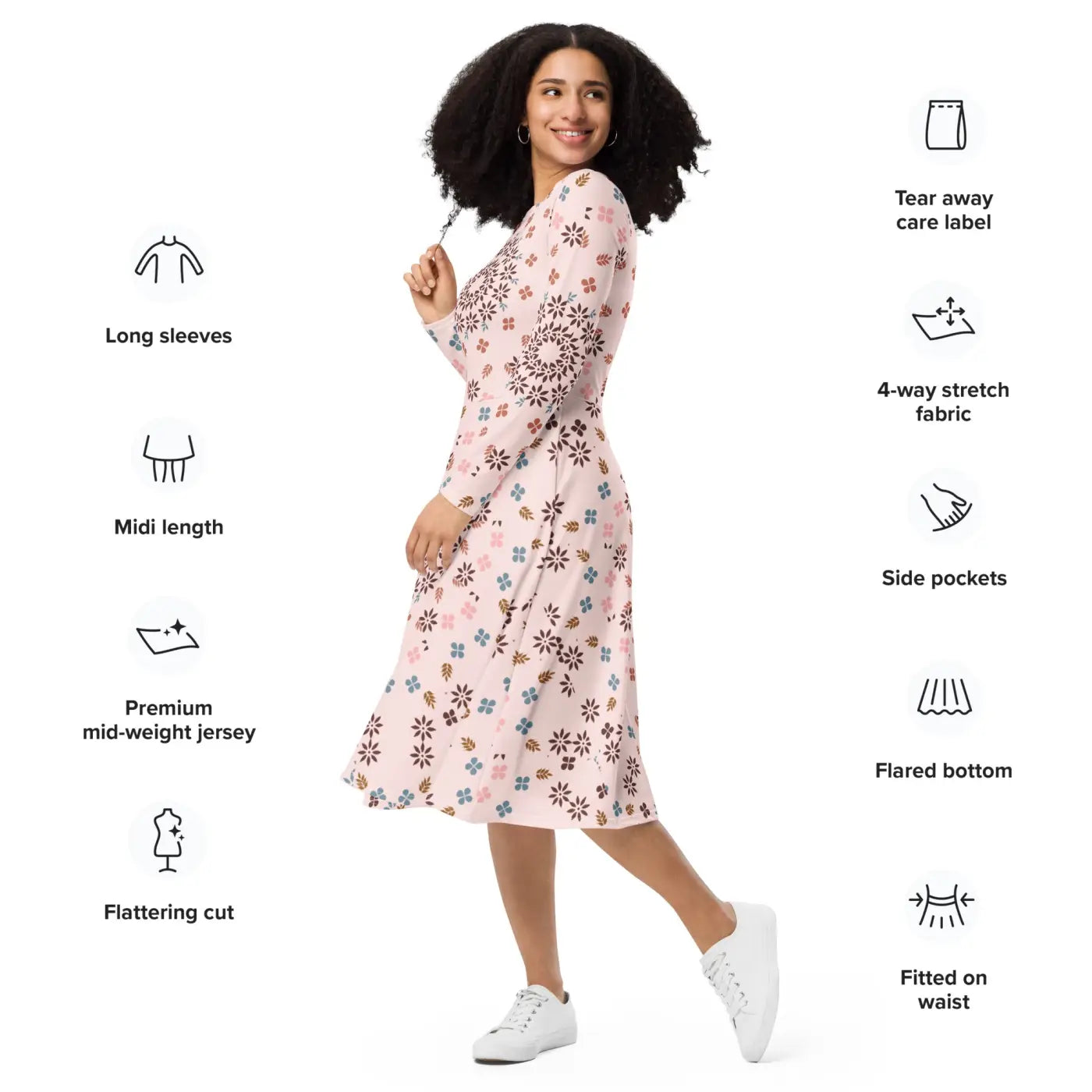 Floral Midi Dress - Pink Long Sleeves Statement Style - DipaliZ